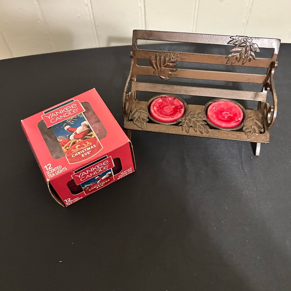 Yankee Candle Metal Bench And A Box Of 12 Christmas Eve Tea Light Candles/NWT